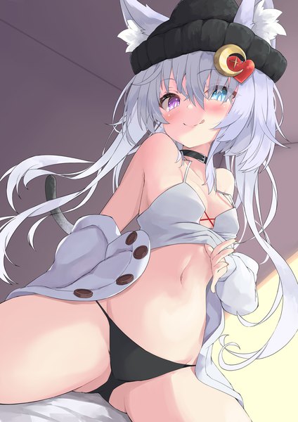 Anime picture 1519x2149 with vrchat nahu single long hair tall image looking at viewer blush fringe breasts light erotic smile hair between eyes sitting purple eyes animal ears aqua eyes grey hair cat ears hair over one eye cat girl
