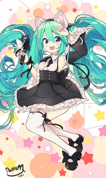 Anime picture 1382x2303 with vocaloid hatsune miku namuya (pixiv5584775) single tall image looking at viewer fringe open mouth smile hair between eyes signed animal ears payot bent knee (knees) very long hair aqua eyes cat ears aqua hair fake animal ears underbust