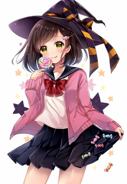 Anime picture 816x1182 with original sakura hiyori single tall image looking at viewer blush short hair black hair smile white background green eyes girl skirt uniform hat serafuku food sweets star (symbol) witch hat