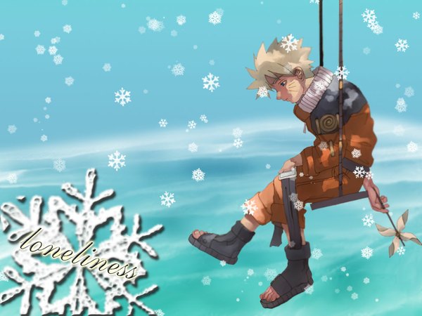 Anime picture 1024x768 with naruto studio pierrot naruto (series) uzumaki naruto facial mark snowing winter whisker markings jinchuriki snowflake (snowflakes) swing