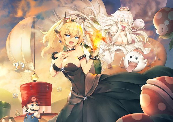 Anime picture 1694x1200 with super mario bros. new super mario bros. u deluxe bowsette princess king boo boo (mario) mario piranha plant goomba koopa paratroopa teddy (khanshin) looking at viewer blush fringe breasts blue eyes light erotic blonde hair hair between eyes brown hair large breasts