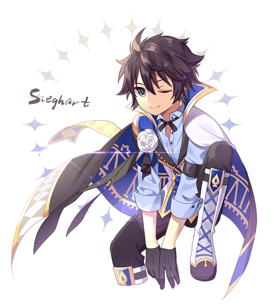 Anime picture 809x900 with grand chase sieghart (grand chase) sal single tall image fringe short hair black hair smile hair between eyes white background sitting one eye closed wink black eyes character names boy gloves earrings black gloves