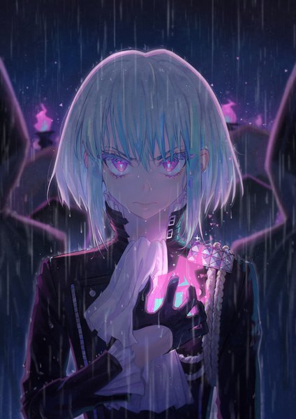 Anime picture 3035x4292 with promare studio trigger lio fotia tamaki599 tall image looking at viewer highres short hair purple eyes absurdres aqua hair wet solo focus rain boy gloves black gloves neckerchief flame