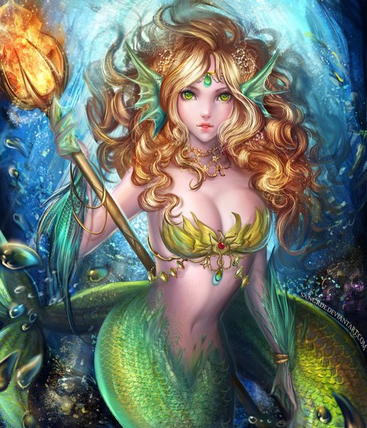 Anime picture 3015x3508 with sangrde single long hair tall image looking at viewer highres breasts blonde hair green eyes absurdres tail fish tail girl navel staff mermaid
