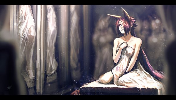 Anime picture 1018x579 with original ttl single fringe red eyes wide image sitting bare shoulders signed animal ears looking away purple hair very long hair hair over one eye letterboxed girl dress white dress statue