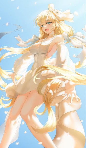 Anime picture 3089x5262 with original jisu lee single long hair tall image looking at viewer fringe highres breasts open mouth light erotic blonde hair smile large breasts standing twintails green eyes absurdres sky cleavage