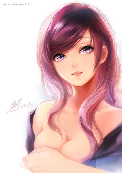 Anime picture 1000x1414 with original 1991 (blz) single long hair tall image looking at viewer breasts light erotic smile white background purple eyes signed cleavage purple hair girl