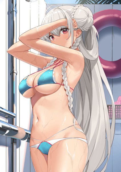 Anime picture 2393x3397 with azur lane formidable (azur lane) formidable (the lady of the beach) (azur lane) suiroh (shideoukami) single long hair tall image looking at viewer blush fringe highres breasts light erotic hair between eyes red eyes large breasts standing cleavage ahoge braid (braids)
