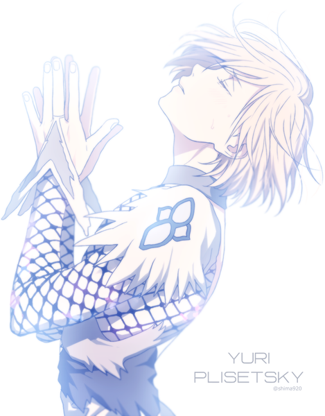 Anime picture 650x830 with yuri!!! on ice mappa yuri plisetsky mashima shima single tall image fringe short hair simple background blonde hair white background signed upper body eyes closed parted lips head tilt profile inscription character names floating hair