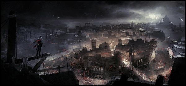 Anime picture 1920x898 with assassin's creed (game) highres wide image sky cloud (clouds) night city cityscape boy animal bird (birds) moon bridge watercraft boat