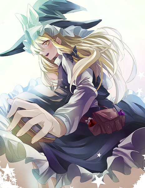 Anime picture 776x1000 with touhou kirisame marisa eredhen single long hair tall image looking at viewer blush fringe open mouth blonde hair yellow eyes profile outstretched arm girl bow hair bow hat star (symbol) witch hat