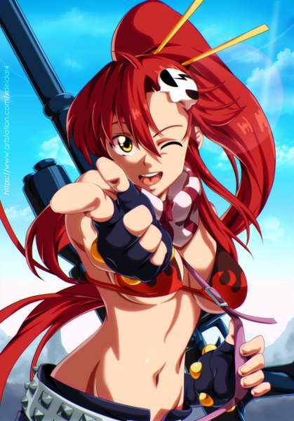 Anime picture 1920x2748 with tengen toppa gurren lagann gainax yoko littner tagme (artist) single long hair tall image looking at viewer fringe highres breasts open mouth light erotic hair between eyes yellow eyes sky cloud (clouds) upper body ponytail red hair