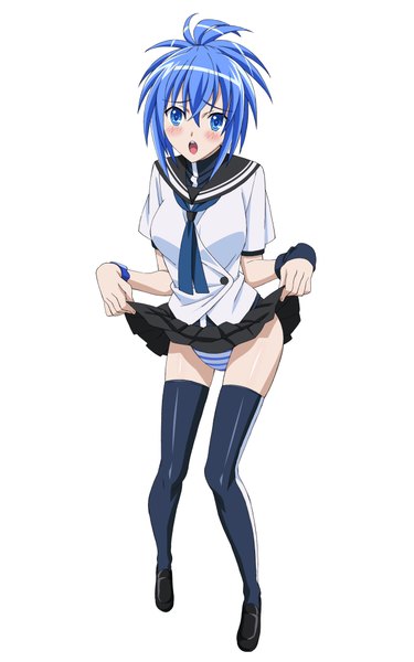 Anime picture 1287x2061 with kampfer senou natsuru tall image looking at viewer blush short hair open mouth blue eyes light erotic simple background white background blue hair skirt lift genderswap girl thighhighs uniform underwear panties black thighhighs