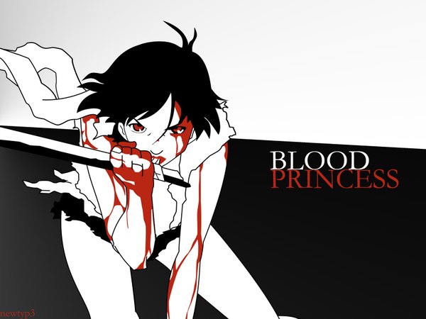 Anime picture 1600x1200 with blood+ production i.g otonashi saya single short hair black hair red eyes torn clothes monochrome spot color girl weapon sword blood