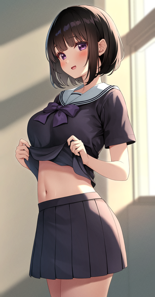 Anime picture 1793x3421 with original inoue yurina karutamo single tall image looking at viewer blush fringe highres short hair open mouth black hair smile standing purple eyes indoors :d pleated skirt sunlight short sleeves