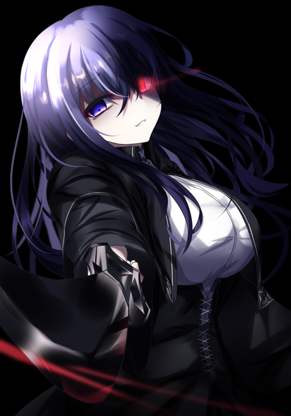 Anime picture 1400x2000 with original kisuzu 14 single long hair tall image looking at viewer fringe blue eyes hair between eyes red eyes standing holding purple hair upper body head tilt light smile heterochromia glowing black background symbol-shaped pupils
