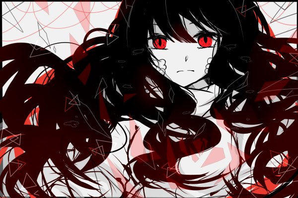 Anime picture 1200x800 with kagerou project shaft (studio) azami (kagerou project) alensxx single long hair looking at viewer fringe black hair red eyes wavy hair girl