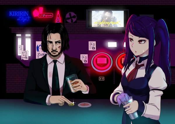 Anime picture 3508x2490 with john wick cyberpunk 2077 va-11 hall-a jill stingray keanu reeves allgreen long hair highres short hair black hair red eyes standing sitting twintails holding payot blue hair looking away absurdres indoors
