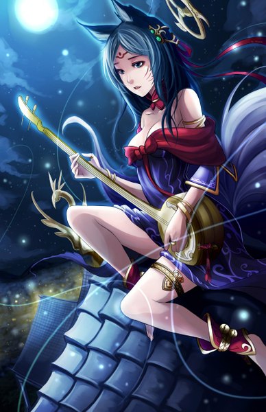 Anime picture 800x1235 with league of legends ahri (league of legends) el-seluvia single long hair tall image open mouth blue eyes light erotic smile bare shoulders animal ears blue hair cloud (clouds) tail animal tail night night sky fox ears facial mark