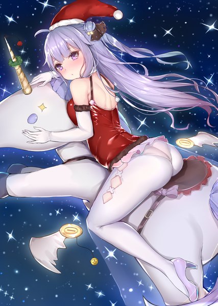 Anime picture 2213x3112 with azur lane unicorn (azur lane) sherryqq single long hair tall image looking at viewer blush fringe highres light erotic purple eyes bare shoulders purple hair ahoge ass pleated skirt night sparkle hair bun (hair buns)