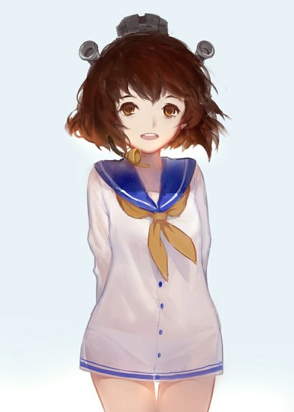 Anime picture 800x1118 with kantai collection yukikaze destroyer sola7764 single tall image looking at viewer fringe short hair open mouth light erotic simple background brown hair standing white background brown eyes gradient background happy blue background hands behind back girl