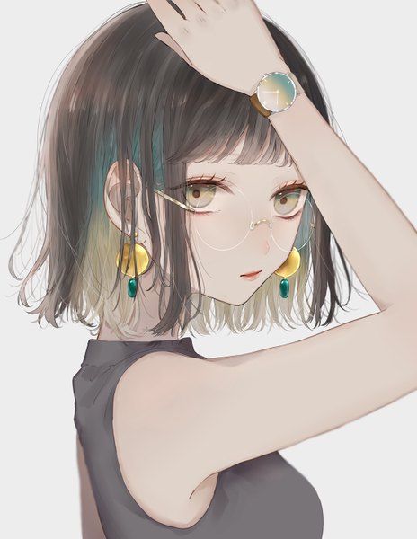 Anime picture 1124x1452 with original alette blanc ichijiku (user yhjw8354) single tall image looking at viewer fringe short hair black hair simple background white background bare shoulders green eyes upper body blunt bangs parted lips multicolored hair arm up portrait hand on head