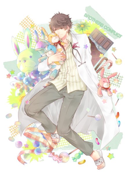 Anime picture 1000x1333 with brothers conflict idea factory asahina masaomi melo single tall image short hair brown hair brown eyes inscription open collar boy flower (flowers) ribbon (ribbons) food sweets bowtie star (stars) toy candy