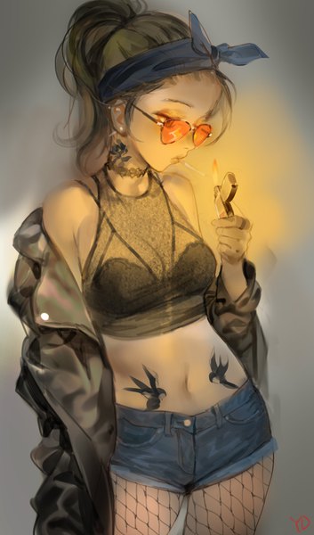Anime picture 2079x3528 with original yd (orange maru) single tall image highres light erotic blonde hair red eyes signed ponytail off shoulder open clothes open jacket tattoo light girl navel earrings pantyhose choker