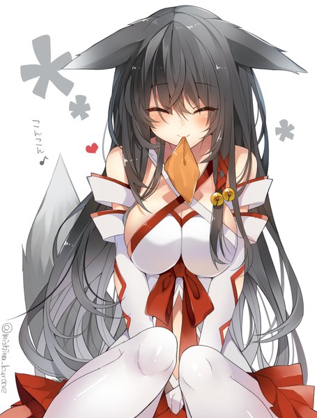 Anime picture 700x923 with original mishima kurone single long hair tall image blush breasts light erotic black hair smile large breasts white background sitting holding signed animal ears cleavage tail eyes closed animal tail