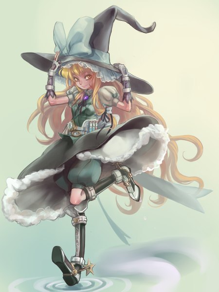 Anime picture 1050x1400 with touhou kirisame marisa jian liuren single tall image looking at viewer simple background blonde hair very long hair light smile arm support orange eyes puffy sleeves running girl gloves bow hair bow hat water