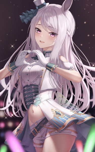 Anime picture 1254x2000 with umamusume mejiro mcqueen (umamusume) marinesnow single long hair tall image looking at viewer blush fringe open mouth smile standing purple eyes animal ears silver hair braid (braids) head tilt :d blurry sparkle
