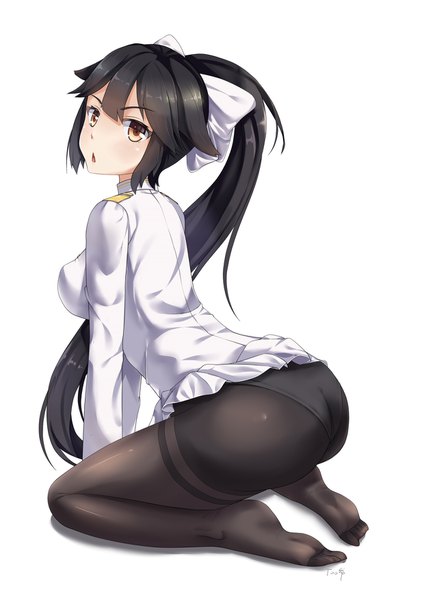 Anime picture 1240x1753 with azur lane takao (azur lane) too-ye single long hair tall image looking at viewer blush fringe breasts open mouth light erotic black hair simple background hair between eyes white background brown eyes signed full body ass