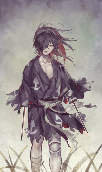 Anime picture 893x1500 with dororo (tezuka) hyakkimaru (dororo) araratake single long hair tall image looking at viewer fringe black hair simple background red eyes outdoors ponytail red hair traditional clothes japanese clothes multicolored hair hair over one eye grey background two-tone hair