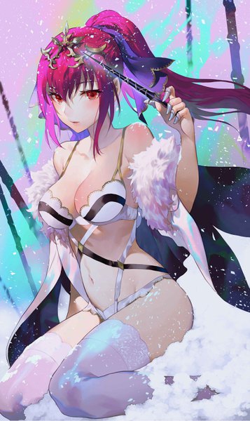Anime picture 1707x2868 with fate (series) fate/grand order scathach (fate) (all) scathach skadi (fate) salmon88 single long hair tall image looking at viewer blush fringe highres breasts light erotic hair between eyes red eyes large breasts sitting holding payot