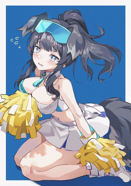 Anime picture 1240x1754 with blue archive hibiki (blue archive) hibiki (cheerleader) (blue archive) hoshiko (419401x) single long hair tall image blush breasts blue eyes light erotic black hair simple background large breasts animal ears cleavage ponytail tail animal tail midriff