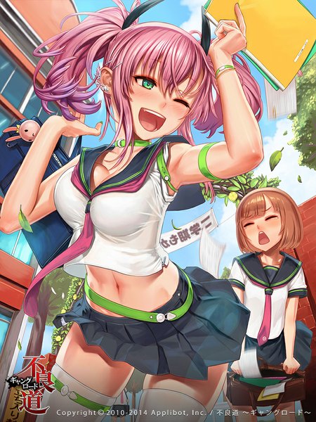 Anime picture 750x1000 with furyou michi ~gang road~ remana long hair tall image blush short hair open mouth light erotic brown hair twintails multiple girls green eyes pink hair eyes closed one eye closed wink girl thighhighs uniform 2 girls