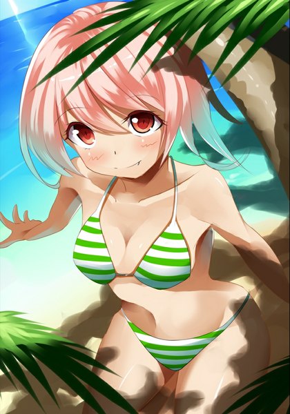 Anime picture 700x1000 with original kurogoma p (artist) single tall image looking at viewer blush short hair light erotic red eyes bare shoulders pink hair midriff beach spread arms girl navel swimsuit plant (plants) bikini tree (trees)
