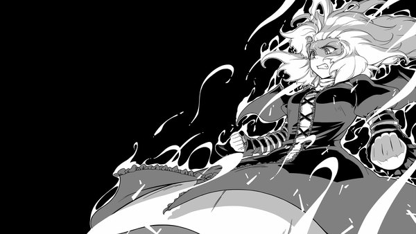 Anime picture 1920x1080 with touhou hijiri byakuren sunatoshi single long hair highres wide image long sleeves teeth wallpaper floating hair black background looking down monochrome slit pupils serious angry clenched teeth aura girl