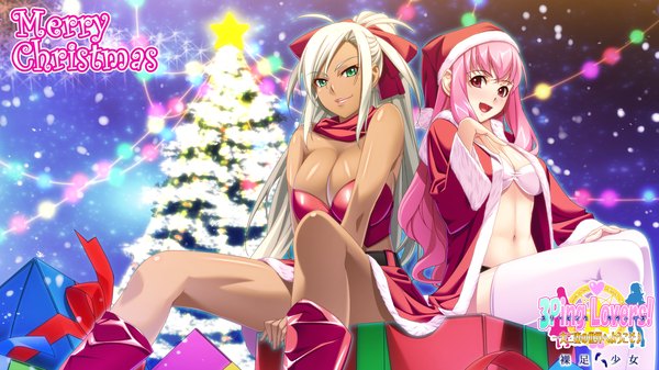 Anime picture 1920x1080 with 3ping lovers! ino long hair blush highres breasts open mouth light erotic red eyes wide image large breasts sitting multiple girls green eyes pink hair white hair dark skin christmas merry christmas girl