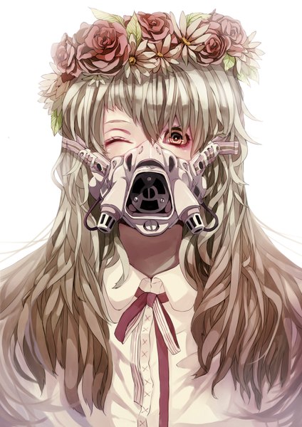 Anime picture 2480x3508 with original fasna single long hair tall image looking at viewer blush fringe highres simple background brown hair white background brown eyes one eye closed wink portrait girl flower (flowers) ribbon (ribbons) bowtie