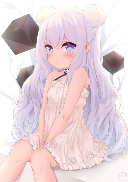Anime picture 2894x4093 with azur lane le malin (azur lane) le malin (the knight's true nature) (azur lane) john zerowb single long hair tall image looking at viewer blush fringe highres blue eyes simple background hair between eyes white background sitting bare shoulders payot white hair hair bun (hair buns)