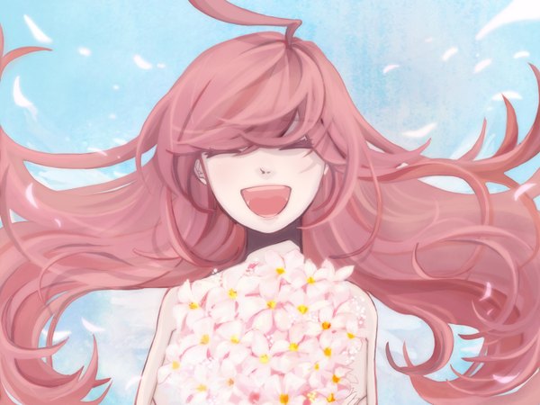 Anime picture 1440x1080 with vocaloid miki (vocaloid) 72 (nananatsu) long hair open mouth sky ahoge red hair eyes closed wind portrait laughing girl flower (flowers)