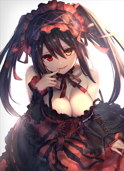 Anime picture 872x1200 with date a live tokisaki kurumi liebe single long hair tall image looking at viewer fringe breasts open mouth light erotic black hair simple background smile hair between eyes red eyes large breasts standing twintails bare shoulders