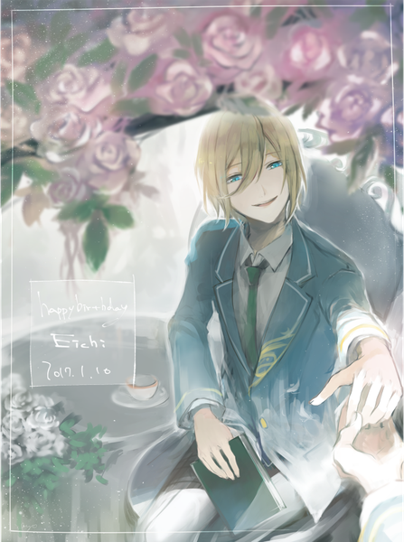 Anime picture 745x1000 with ensemble stars! tenshouin eichi ryou (kaleidoscope) tall image fringe short hair blonde hair hair between eyes sitting from above character names holding hands border solo focus happy birthday pov uniform flower (flowers) school uniform rose (roses)