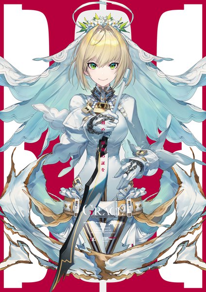 Anime picture 992x1403 with fate (series) fate/extra fate/extra ccc nero claudius (fate) (all) nero claudius (fate) nero claudius (bride) (fate) kodama (wa-ka-me) single tall image looking at viewer fringe short hair blonde hair smile hair between eyes green eyes thigh gap text girl gloves