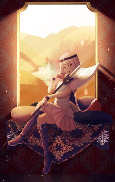 Anime picture 2558x4053 with dominions illwinter game design sceleria, the reformed empire utsu-tori single tall image looking at viewer fringe highres short hair open mouth sitting holding yellow eyes full body ahoge white hair indoors blunt bangs arm up