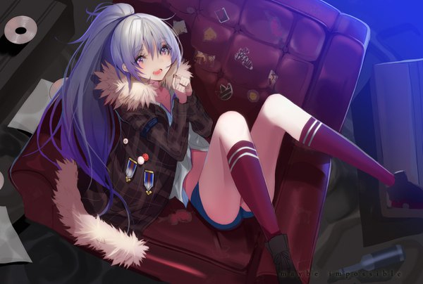 Anime picture 980x660 with original lloule single long hair fringe open mouth blue eyes hair between eyes blue hair bent knee (knees) ponytail multicolored hair from above open jacket fur trim text gradient hair looking up english hands clasped