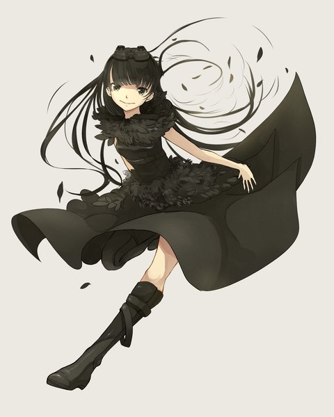 Anime picture 1200x1500 with original tomaeda (bravered) long hair tall image looking at viewer black hair light smile grey eyes girl dress petals thigh boots goggles
