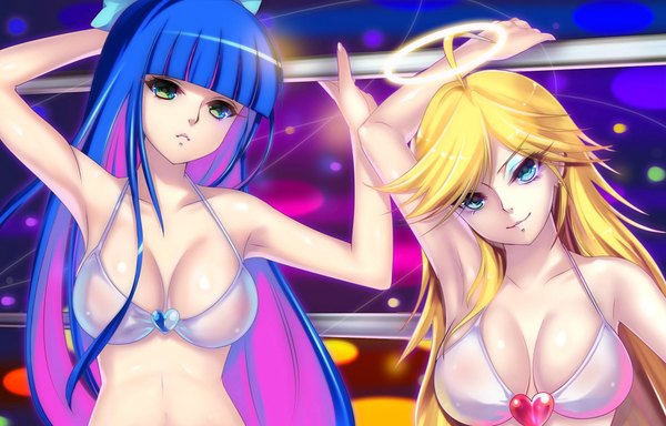 Anime picture 1920x1230 with panty & stocking with garterbelt anarchy stocking anarchy panty xinmi (shinmai) long hair highres breasts blue eyes light erotic blonde hair multiple girls green eyes blue hair very long hair multicolored hair colored inner hair girl bow 2 girls hair bow