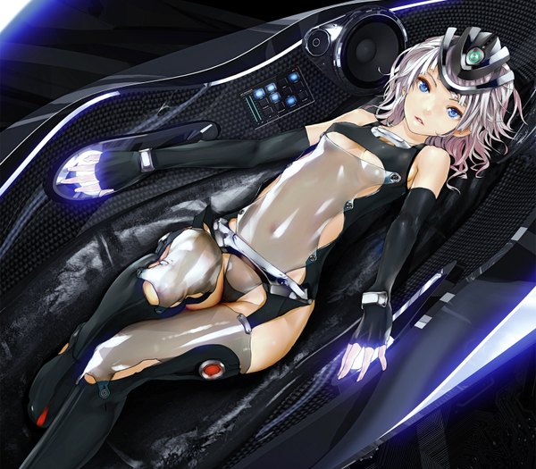 Anime picture 1600x1400 with original vocaloid supernova redjuice single short hair breasts blue eyes light erotic pink hair underboob girl thighhighs gloves elbow gloves fingerless gloves